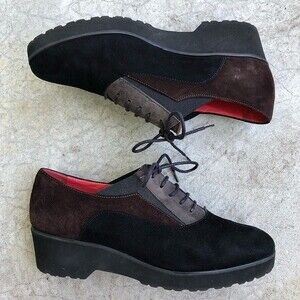 Pas De Rouge Oxfords Loafers Shoes Suede Black Brown Colorblocked Lace Up 38.5